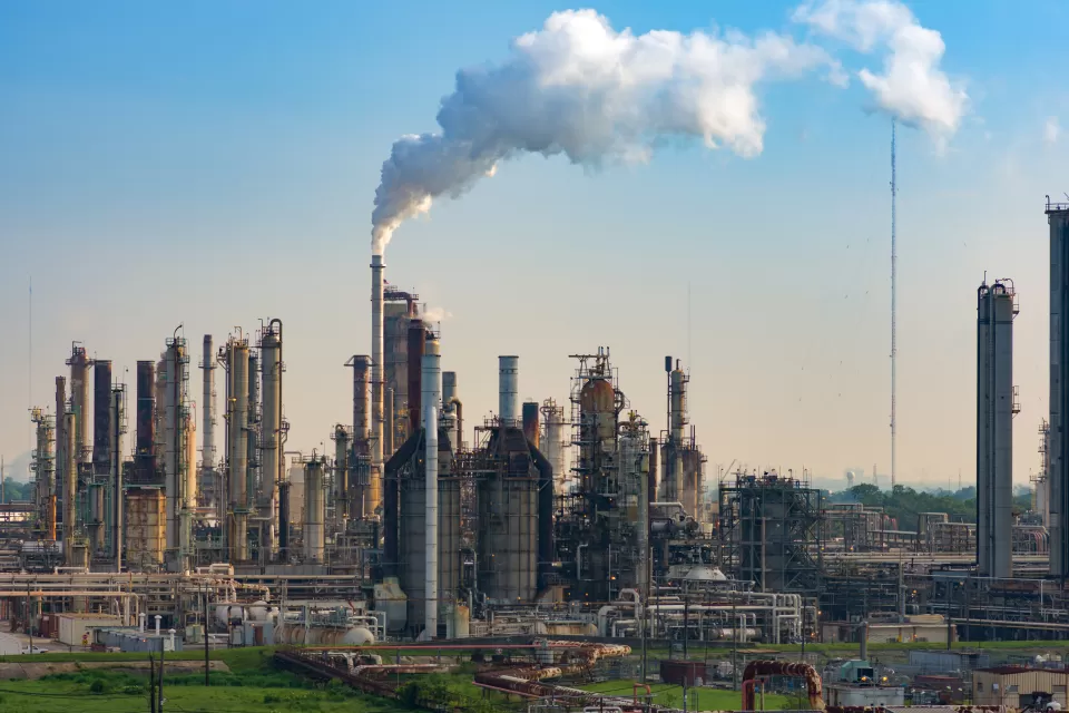 Smoke coming out of stack at petrochemical plant in Louisiana.